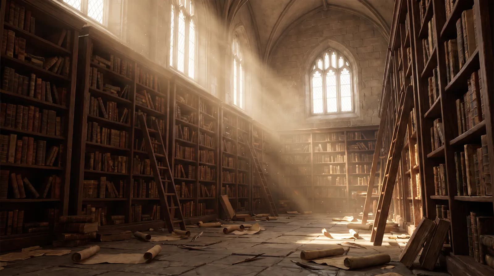 Старинная библиотека с книжными стеллажами